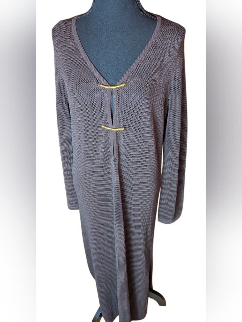 House of Harlow 1960 Long Knit Coverup in Brown with Gold Toggles